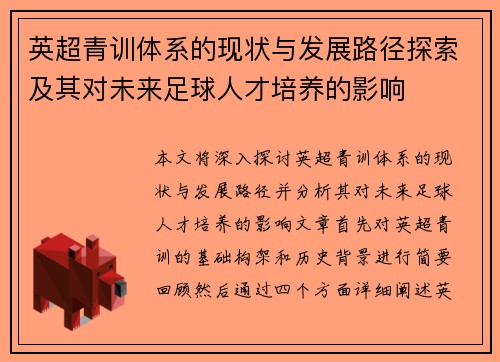 英超青训体系的现状与发展路径探索及其对未来足球人才培养的影响
